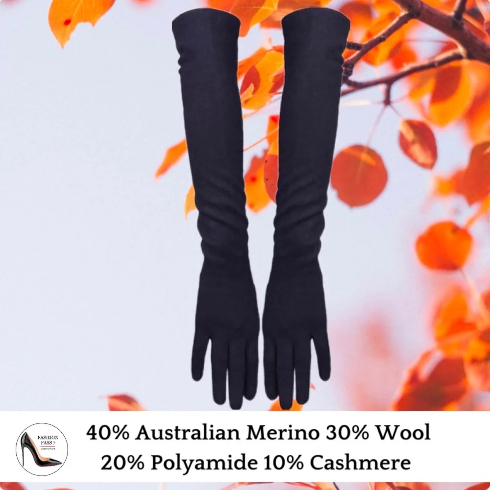 Luxury Cashmere Merino Wool Black Long Gloves Classical Driving Warm Gloves